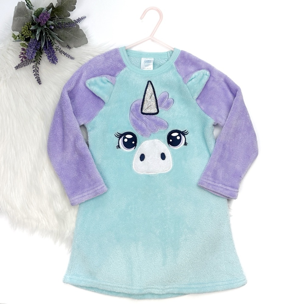 Jellifish Kids Girls Unicorn Plush Long Sleeve Nightgown Blue